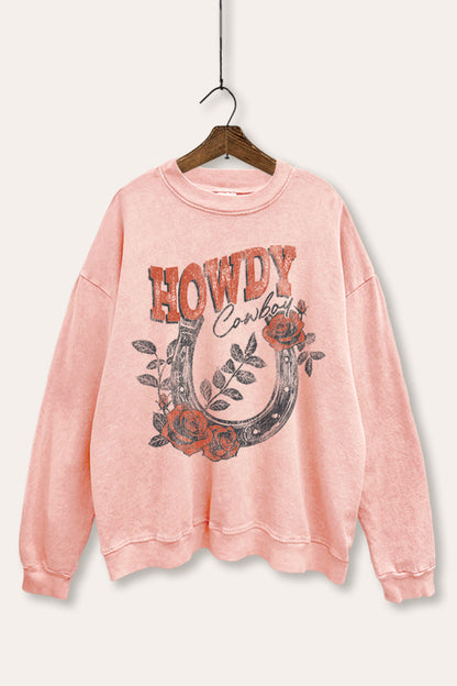 Howdy Cowboy Rose Horseshoe Graphic Mineral Wash Sweatshirt