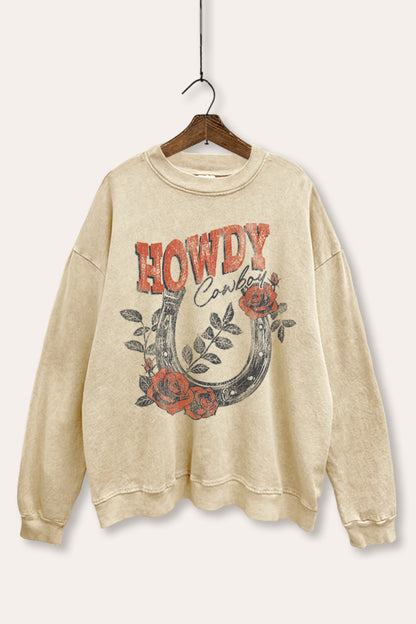 Howdy Cowboy Rose Horseshoe Graphic Mineral Wash Sweatshirt