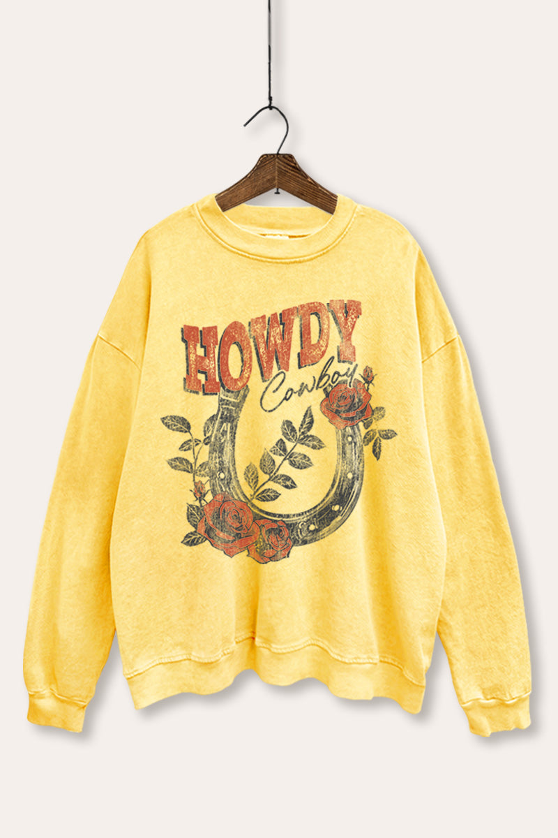 Howdy Cowboy Rose Horseshoe Graphic Mineral Wash Sweatshirt