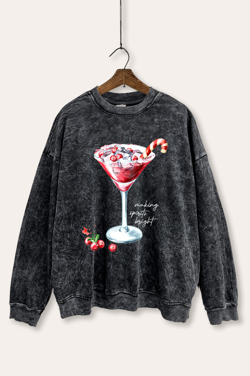 christmas cocktail glass graphic mineral wash sweatshirt