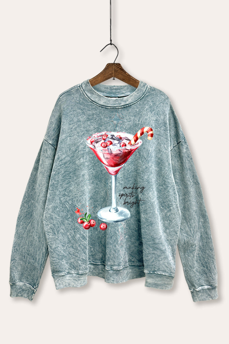 christmas cocktail glass graphic mineral wash sweatshirt