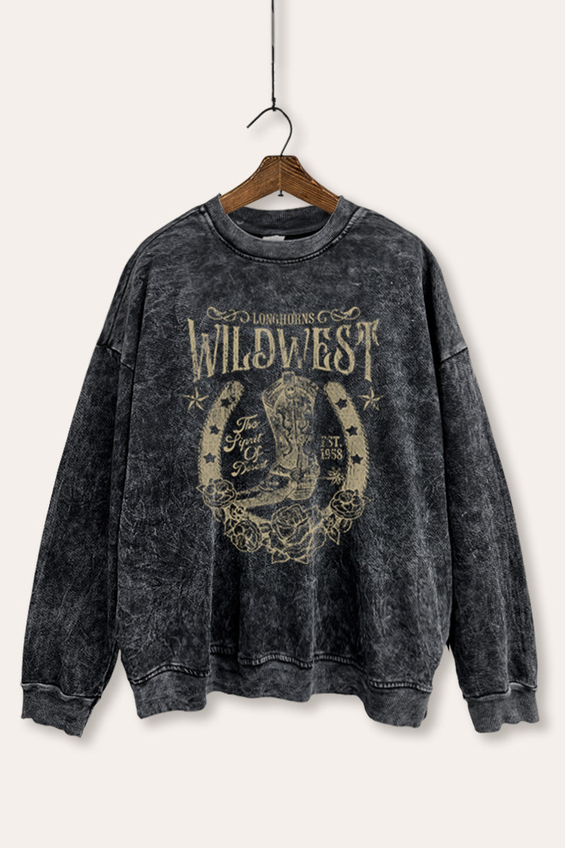 "wild west" cowboy boots graphic mineral wash sweatshirt
