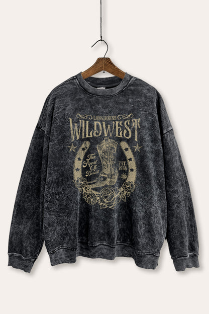 Wild West Cowboy Boots Graphic Mineral Wash Sweatshirt