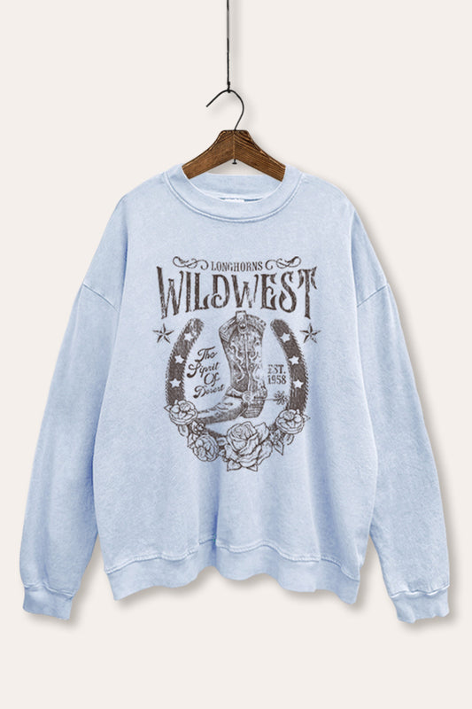 "wild west" cowboy boots graphic mineral wash sweatshirt