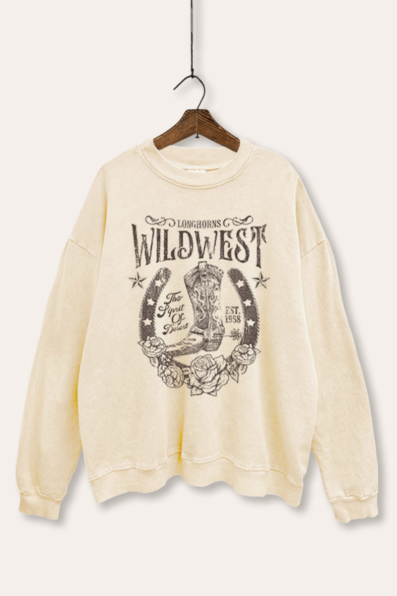 "wild west" cowboy boots graphic mineral wash sweatshirt