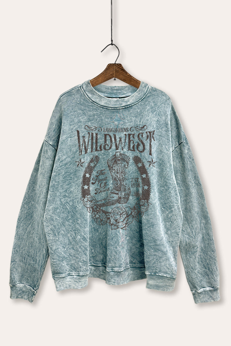 "wild west" cowboy boots graphic mineral wash sweatshirt