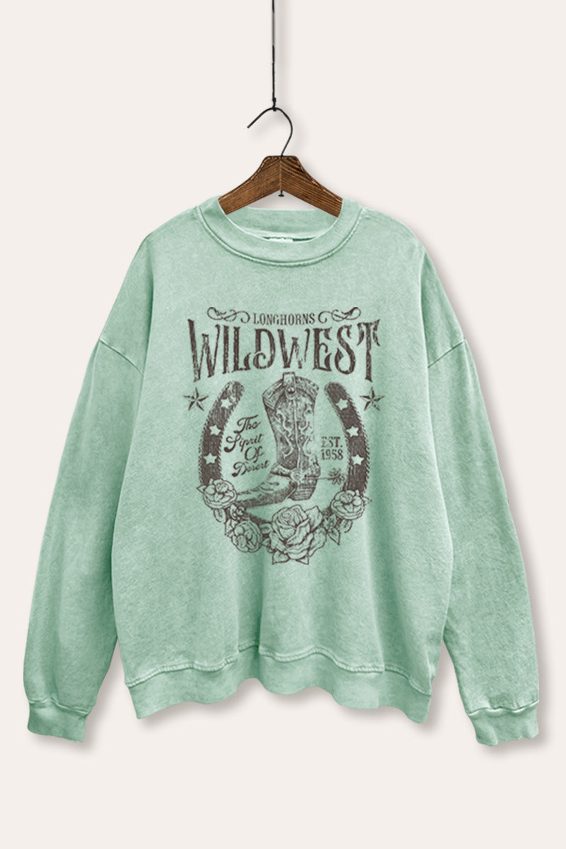 "wild west" cowboy boots graphic mineral wash sweatshirt