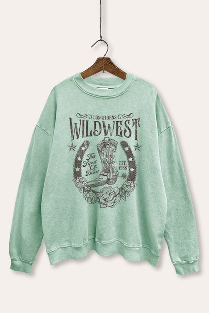 Wild West Cowboy Boots Graphic Mineral Wash Sweatshirt