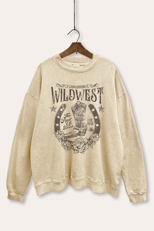 "wild west" cowboy boots graphic mineral wash sweatshirt