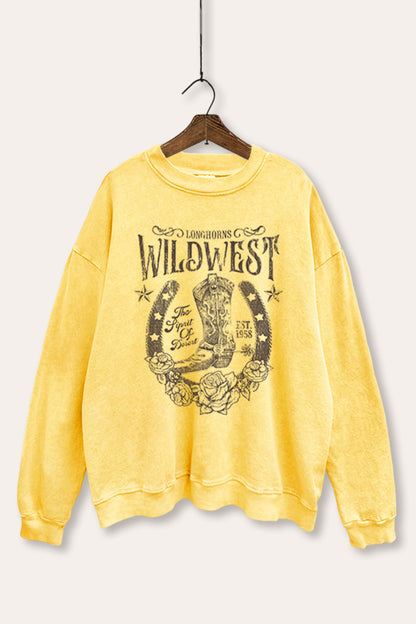 Wild West Cowboy Boots Graphic Mineral Wash Sweatshirt