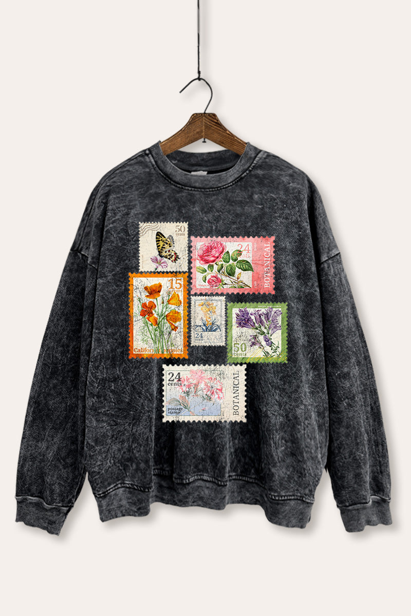 Vintage Postage Stamps Graphic Mineral Wash Sweatshirt