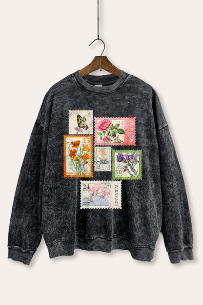 Vintage Postage Stamps Graphic Mineral Wash Sweatshirt