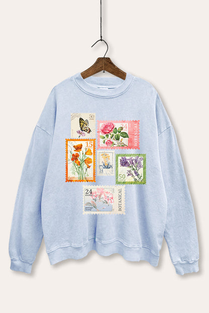 Vintage Postage Stamps Graphic Mineral Wash Sweatshirt