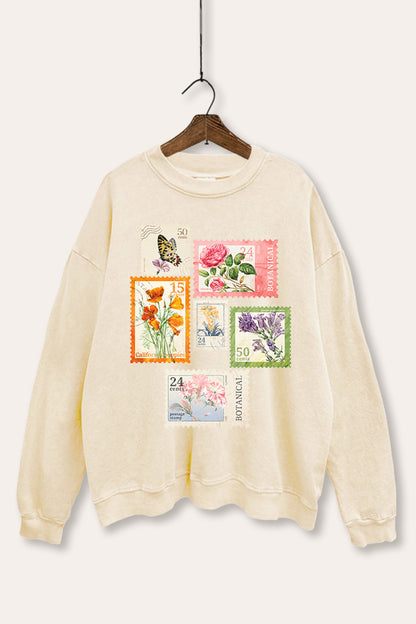 Vintage Postage Stamps Graphic Mineral Wash Sweatshirt