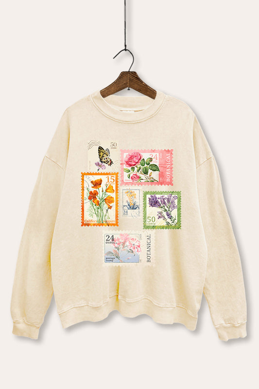 Vintage Postage Stamps Graphic Mineral Wash Sweatshirt