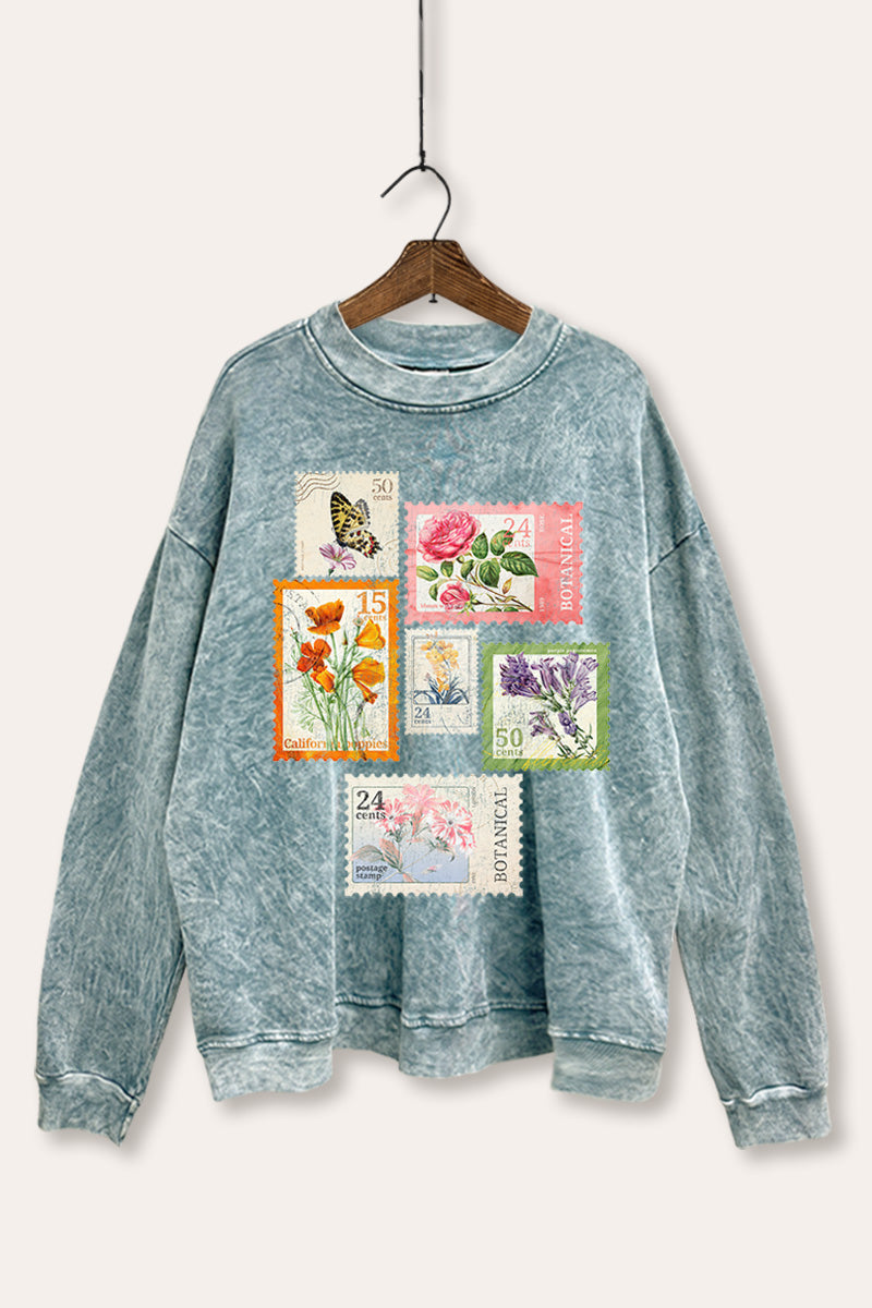 Vintage Postage Stamps Graphic Mineral Wash Sweatshirt