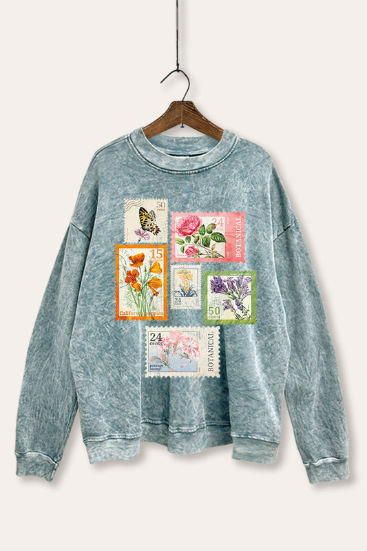 Vintage Postage Stamps Graphic Mineral Wash Sweatshirt
