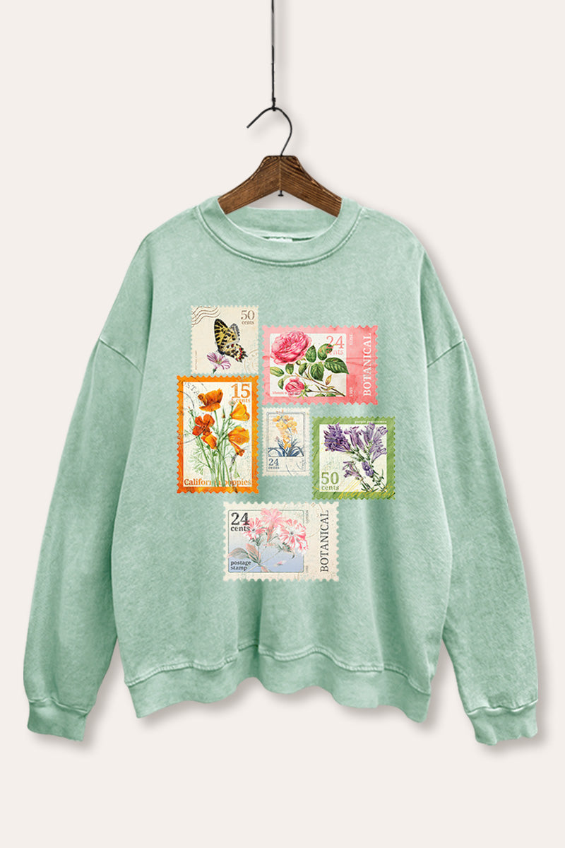Vintage Postage Stamps Graphic Mineral Wash Sweatshirt
