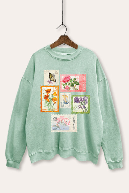 Vintage Postage Stamps Graphic Mineral Wash Sweatshirt