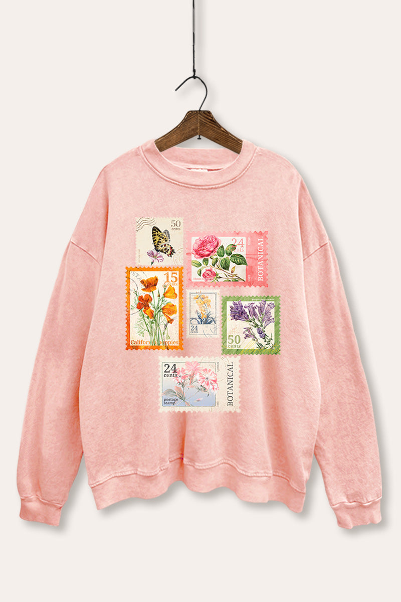 Vintage Postage Stamps Graphic Mineral Wash Sweatshirt