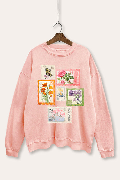 Vintage Postage Stamps Graphic Mineral Wash Sweatshirt