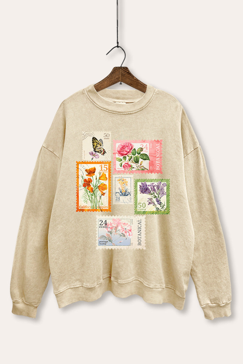Vintage Postage Stamps Graphic Mineral Wash Sweatshirt