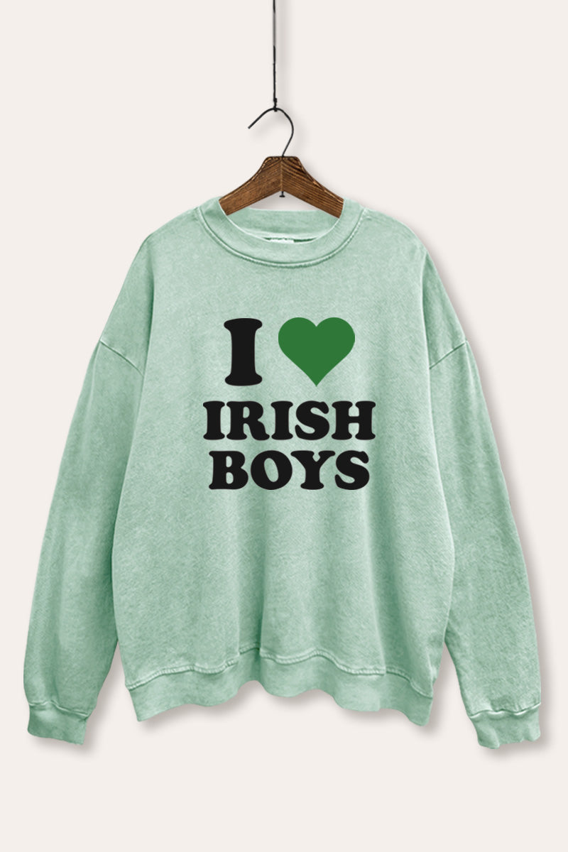 I Love Irish Boys Green Heart Graphic Mineral Wash Sweatshirt