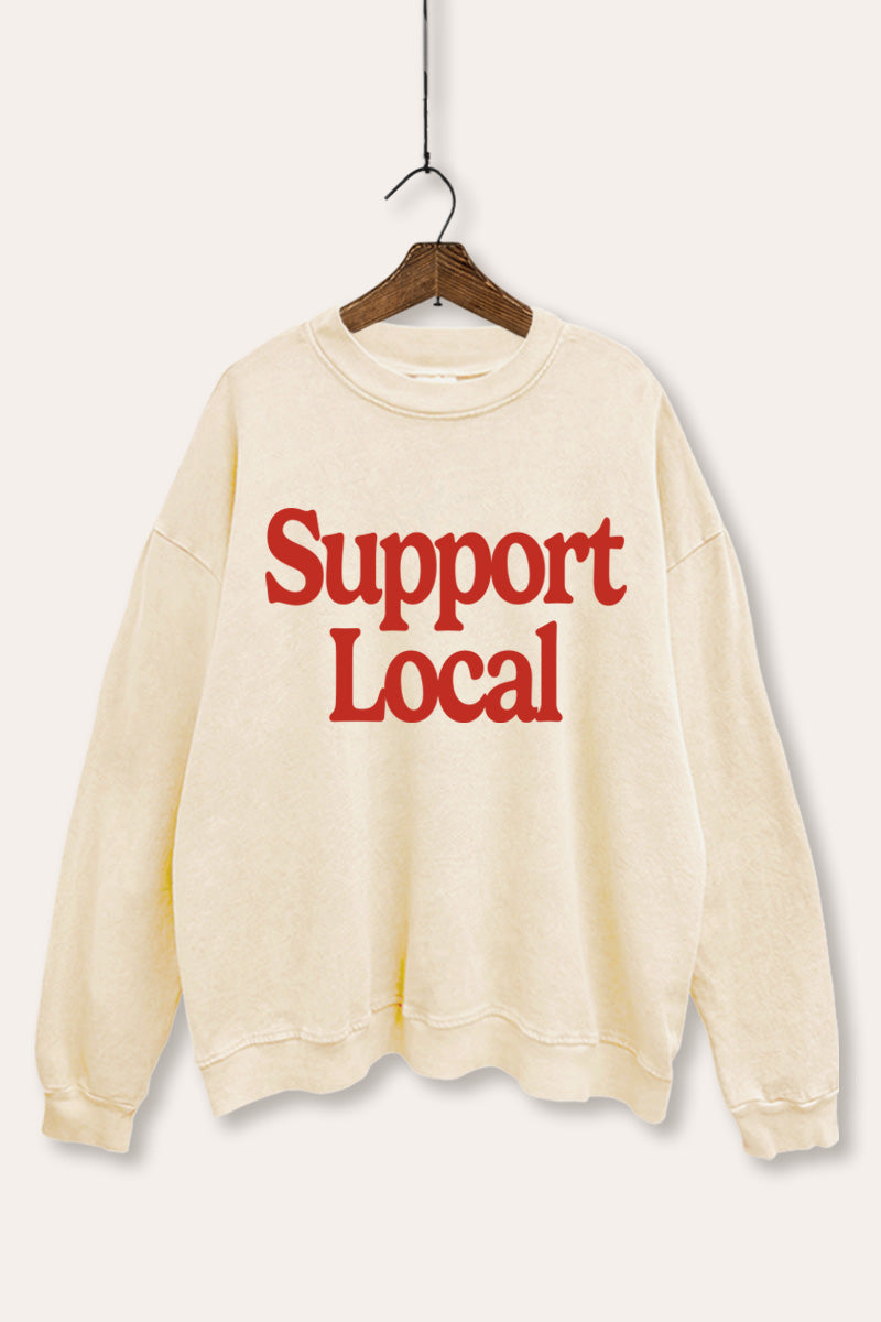 "support local" graphic mineral wash sweatshirt