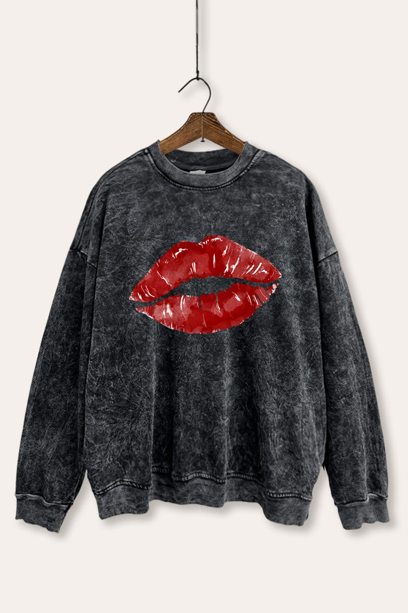 red kiss lips graphic mineral wash sweatshirt