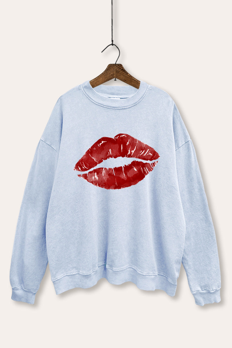 red kiss lips graphic mineral wash sweatshirt