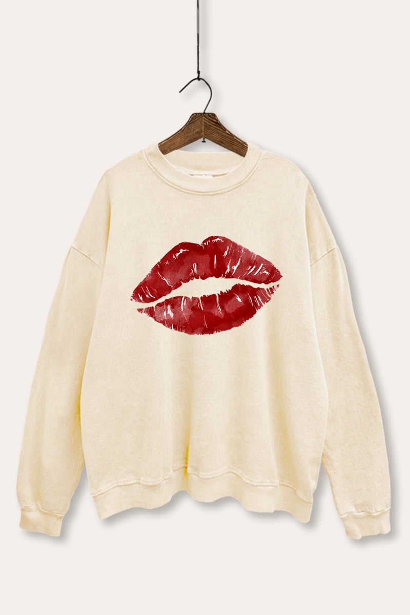 red kiss lips graphic mineral wash sweatshirt