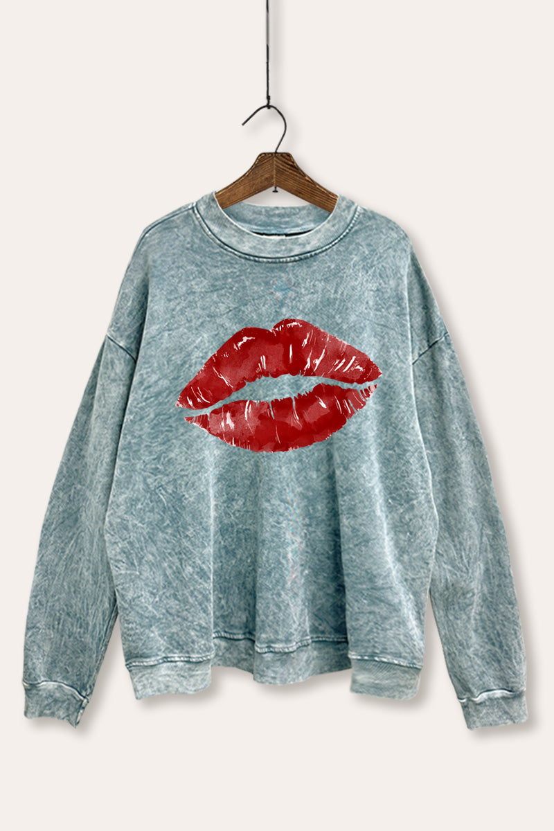 red kiss lips graphic mineral wash sweatshirt