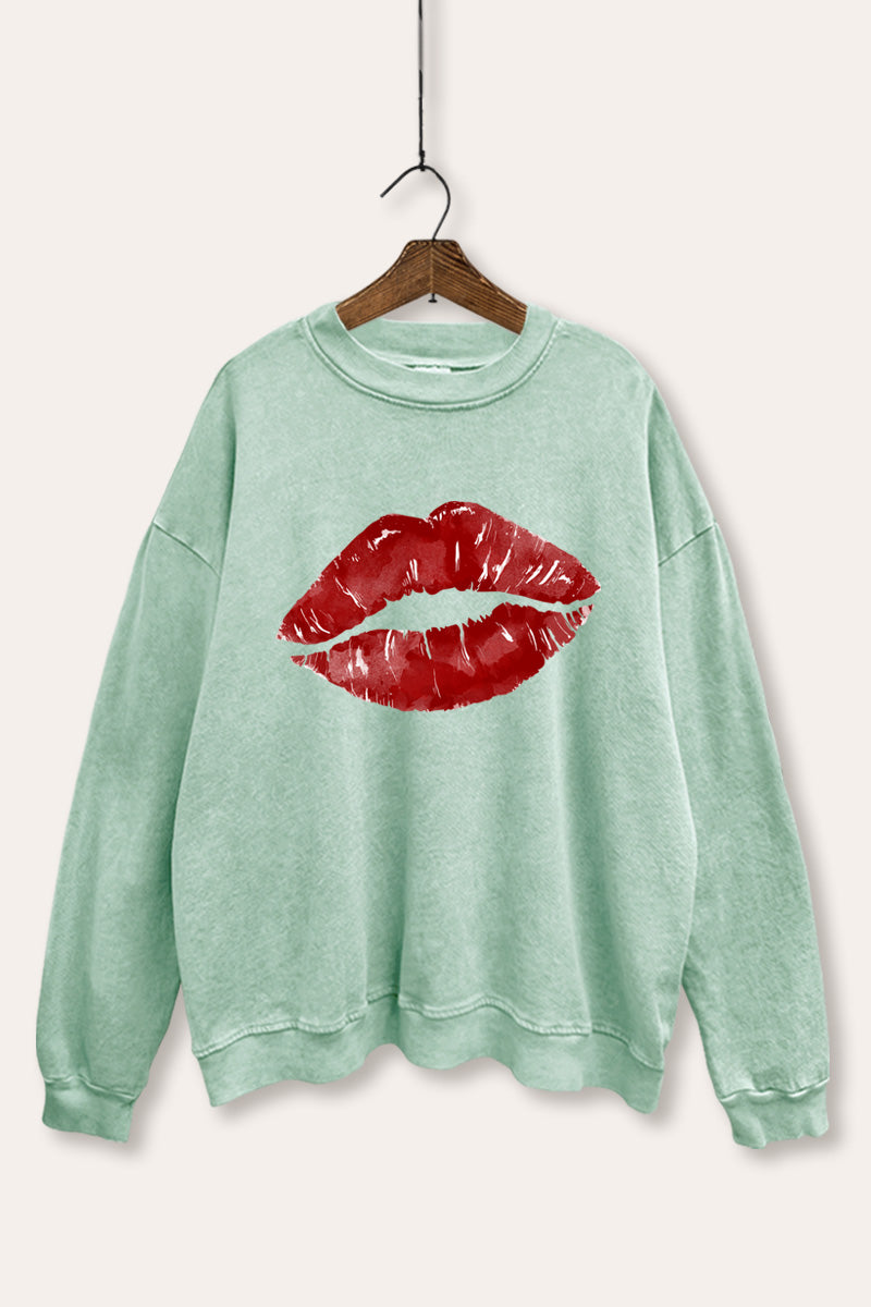 red kiss lips graphic mineral wash sweatshirt