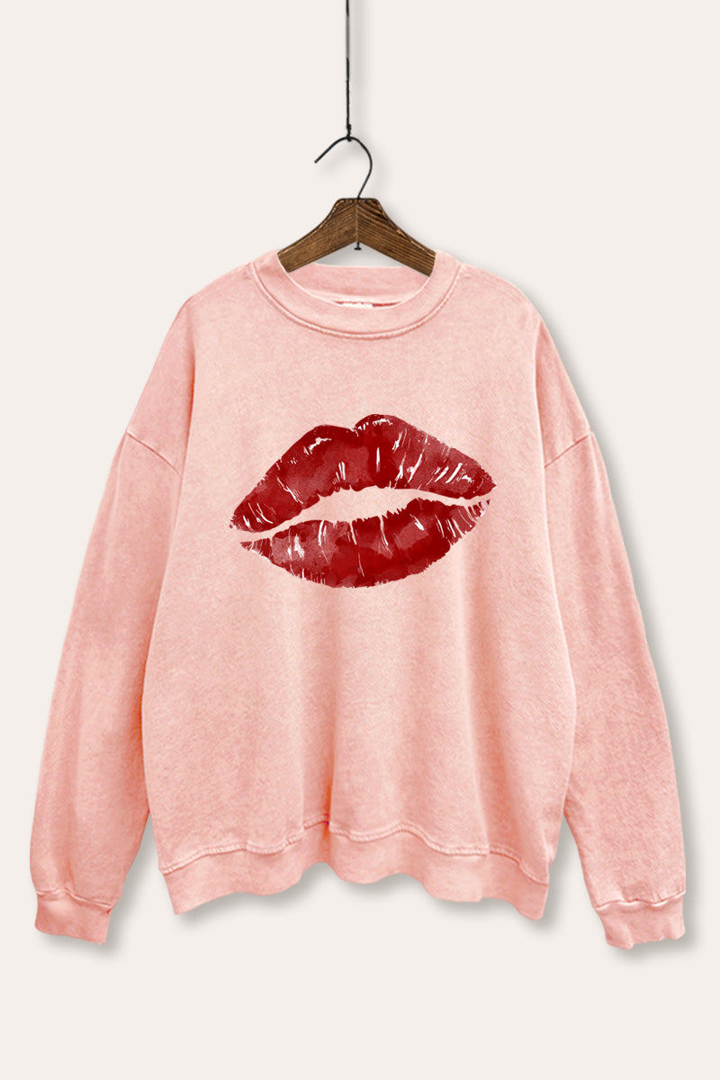 red kiss lips graphic mineral wash sweatshirt