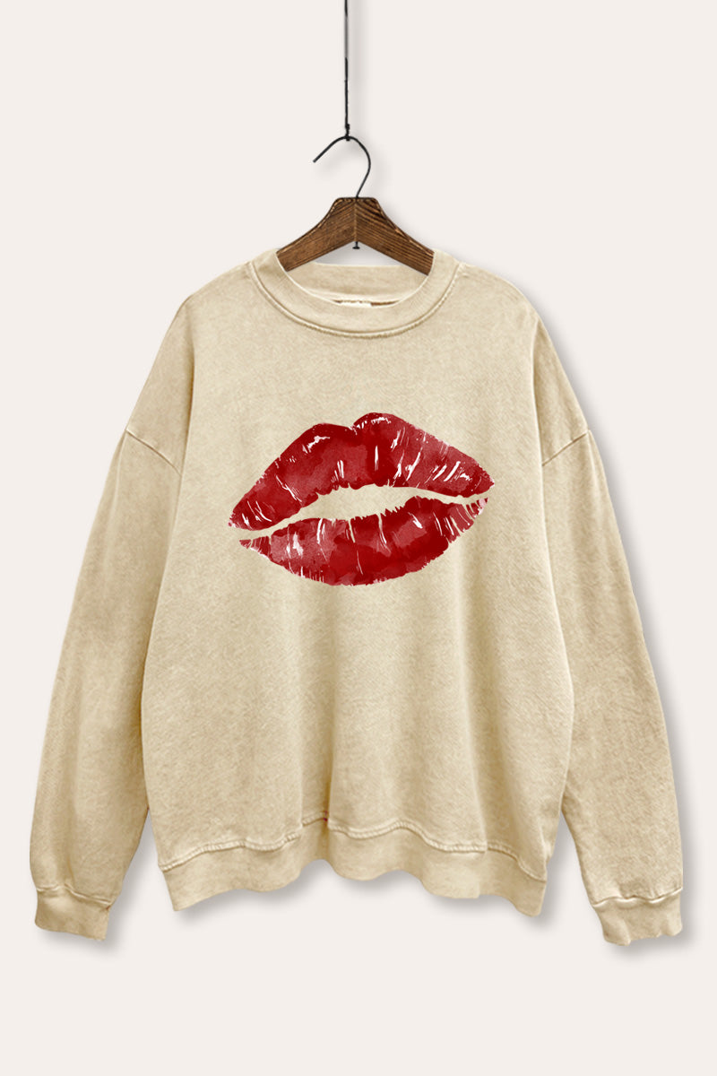 red kiss lips graphic mineral wash sweatshirt