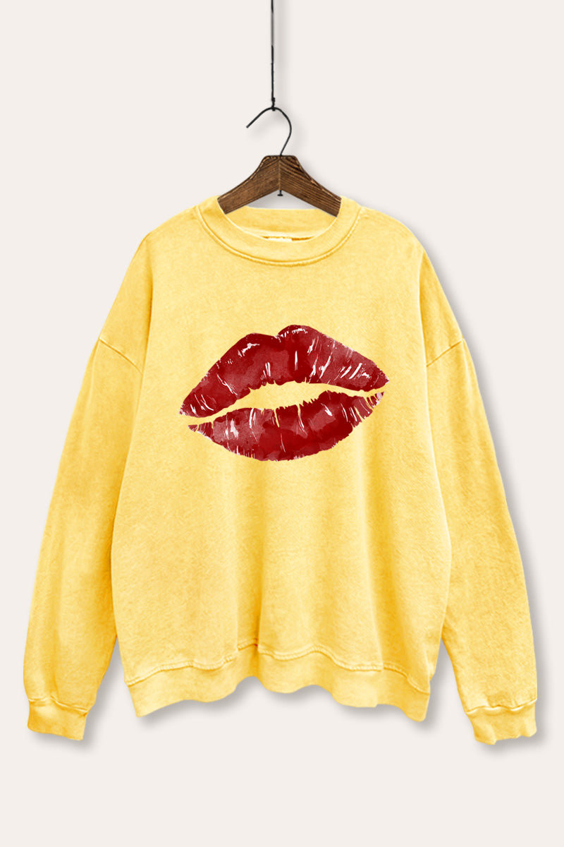 red kiss lips graphic mineral wash sweatshirt