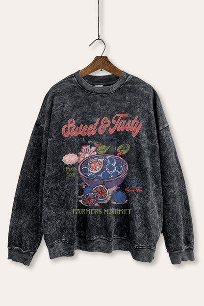 Sweet & Tasty Blueberry Fruit Graphic Mineral Wash Sweatshirt