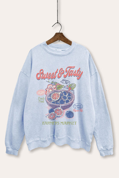 Sweet & Tasty Blueberry Fruit Graphic Mineral Wash Sweatshirt