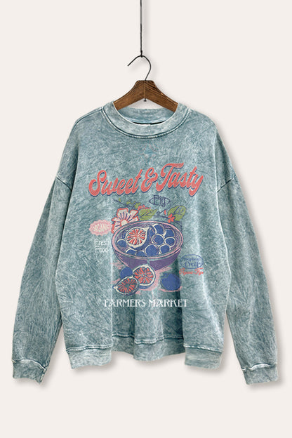 Sweet & Tasty Blueberry Fruit Graphic Mineral Wash Sweatshirt