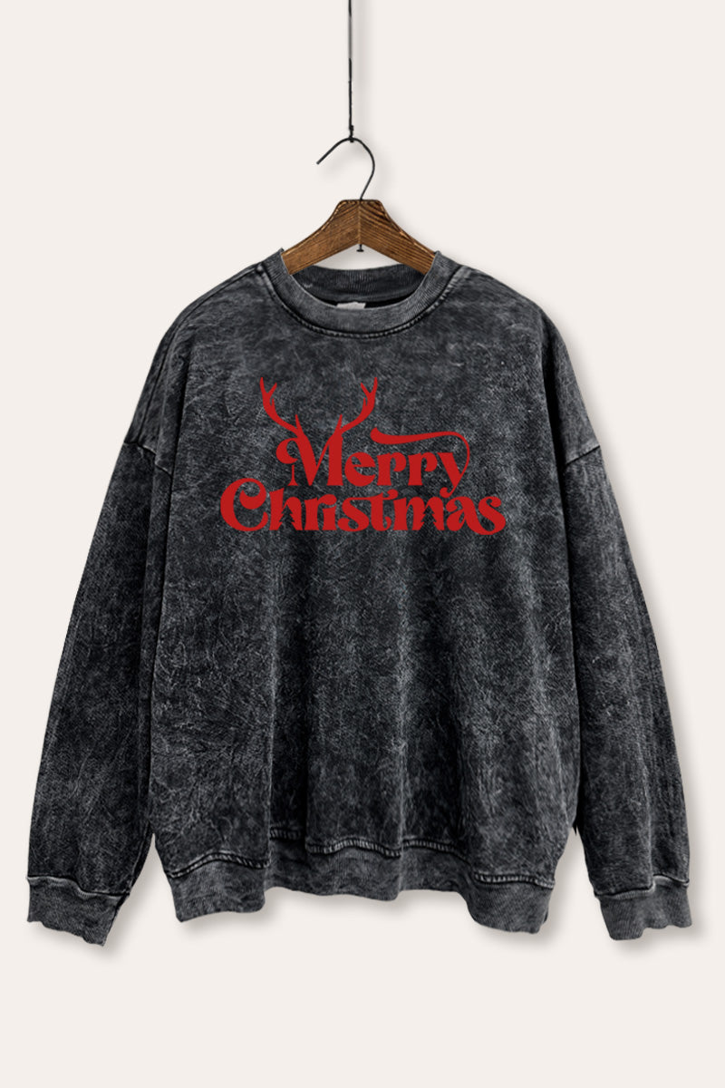 Merry Christmas Reindeer Graphic Mineral Wash Sweatshirt