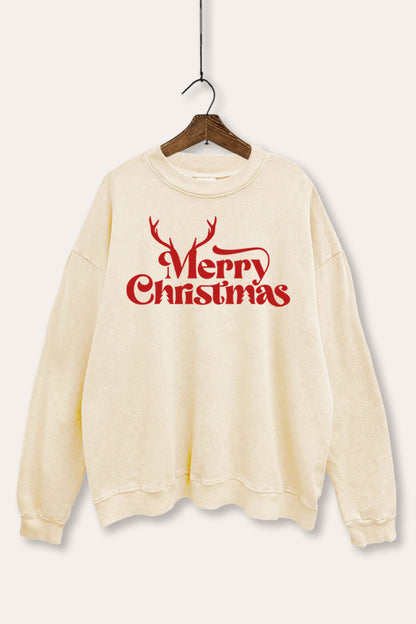 Merry Christmas Reindeer Graphic Mineral Wash Sweatshirt
