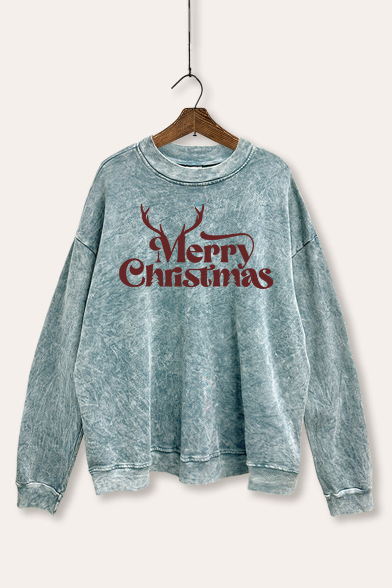 Merry Christmas Reindeer Graphic Mineral Wash Sweatshirt