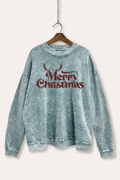 Merry Christmas Reindeer Graphic Mineral Wash Sweatshirt