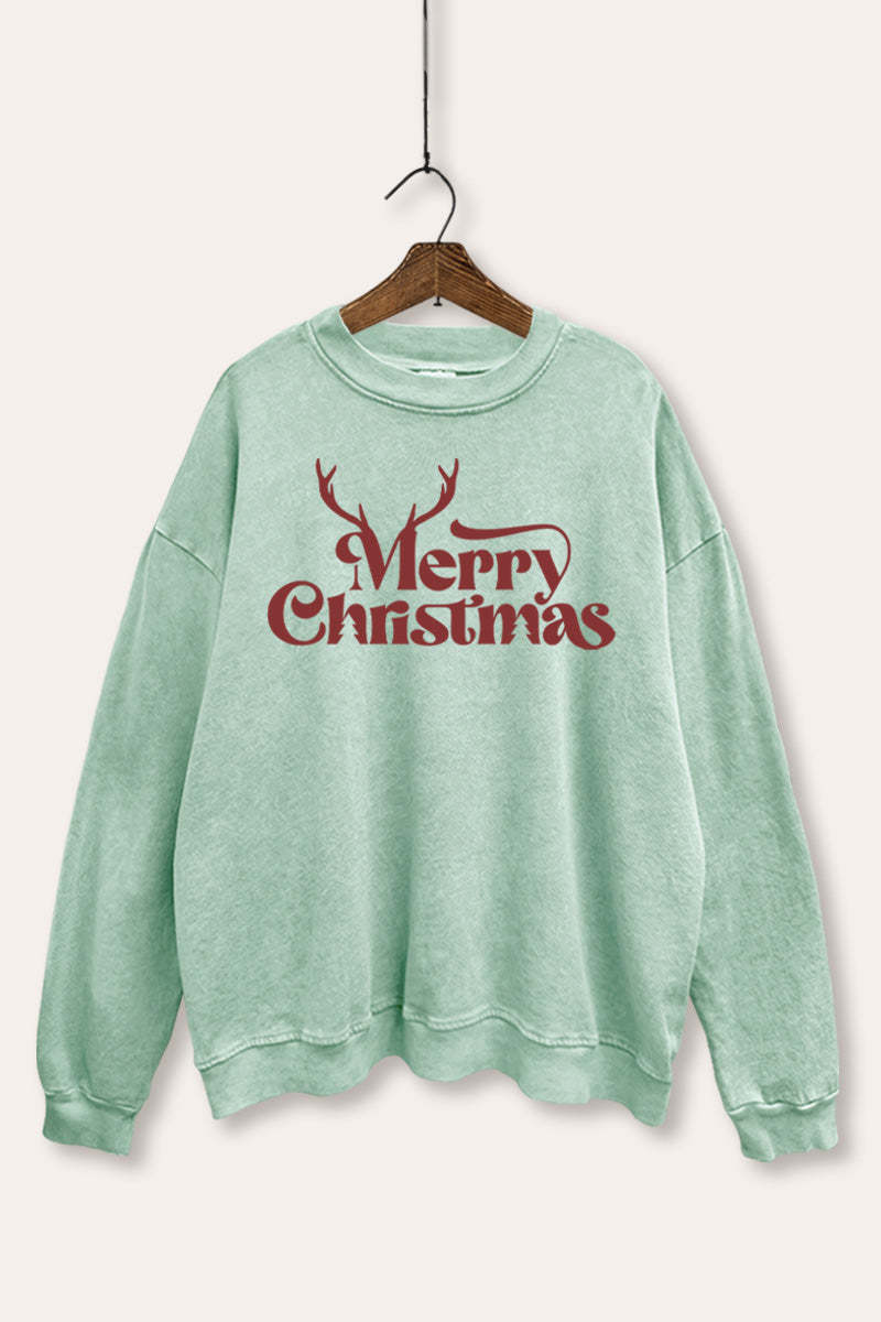 Merry Christmas Reindeer Graphic Mineral Wash Sweatshirt