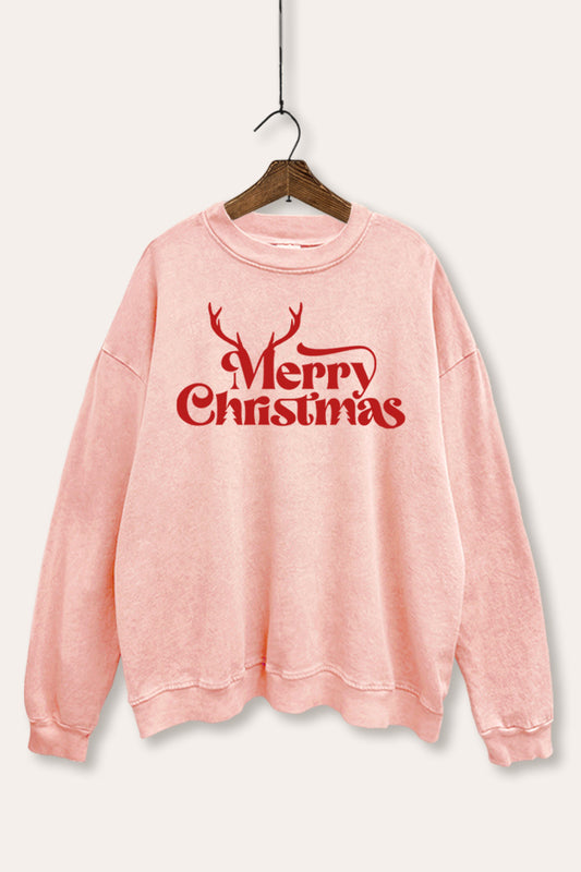 "merry christmas" reindeer graphic mineral wash sweatshirt