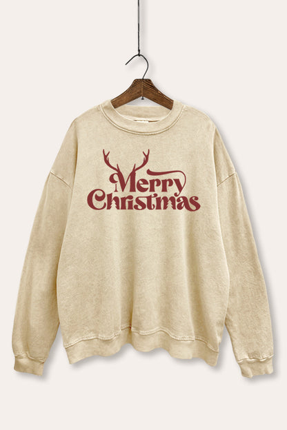 Merry Christmas Reindeer Graphic Mineral Wash Sweatshirt