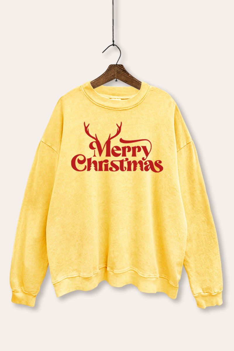 Merry Christmas Reindeer Graphic Mineral Wash Sweatshirt