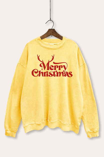 Merry Christmas Reindeer Graphic Mineral Wash Sweatshirt