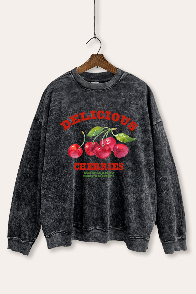 "delicious cherries" fruit graphic mineral wash sweatshirt