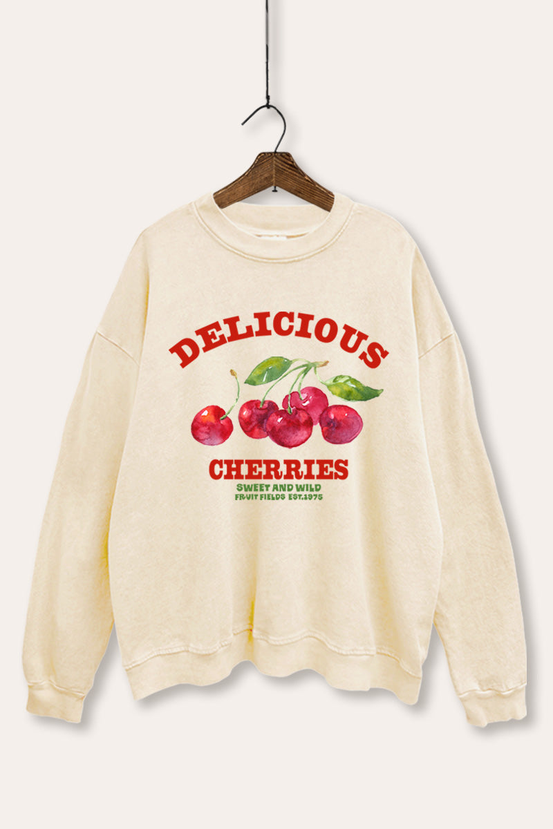 "delicious cherries" fruit graphic mineral wash sweatshirt